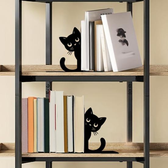 2Pcs Black Cat Bookends for Shelves Cute Metal Book Holder for Desk Heavy Duty