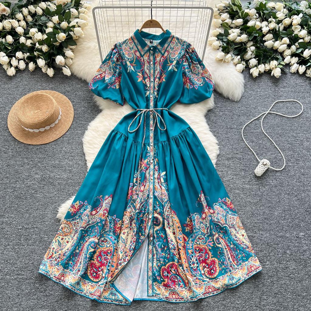 Letnia Moda Sukienka Damska z Kołnierzykiem i Rękawami Latarniami, z Wcięciem w Talii, Wyszczuplająca i Elegancka Sukienka z Nadrukiem w Plisy