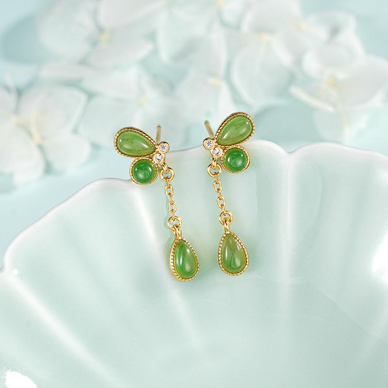 Tichiya S925 Sterling Silver Gold Branch Jade Leaf Earrings: Chinese Style, Elegant Jade Butterfly Design for Women 925 Silver золотой