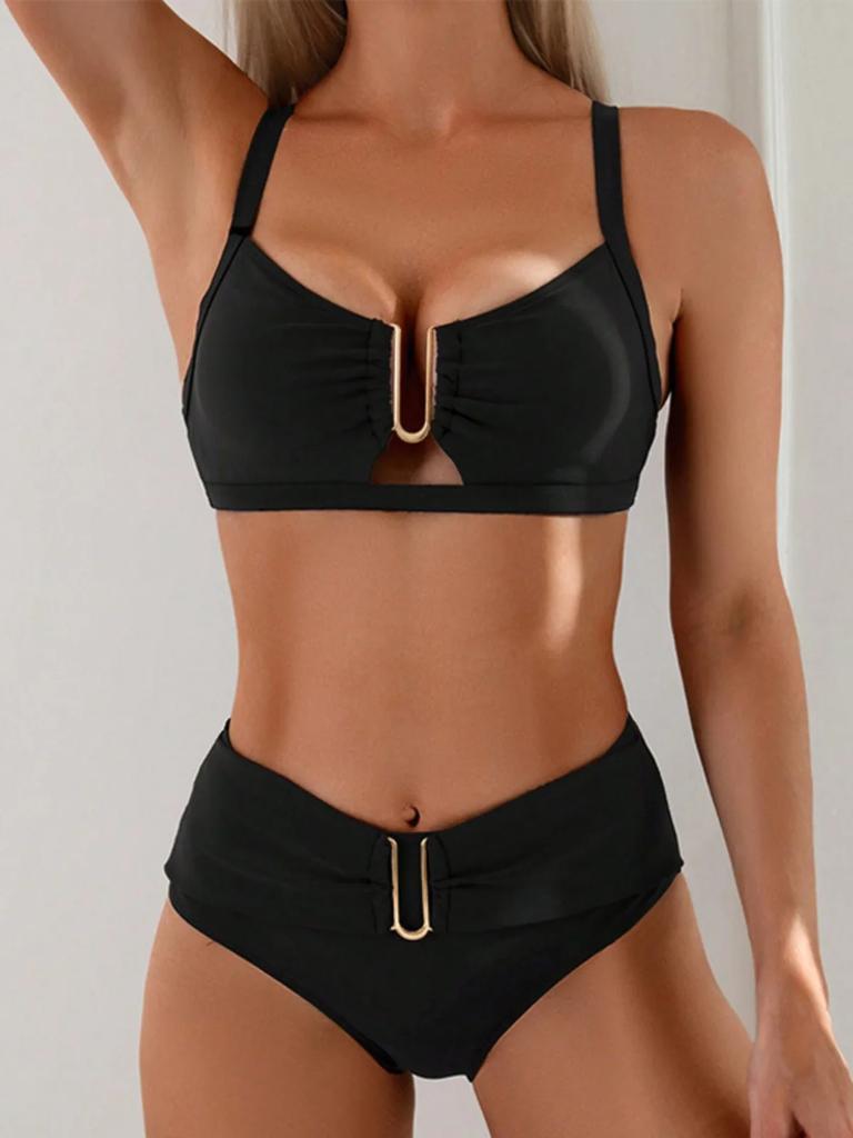Solid Color High Waist Two Piece Swimsuit for Women U-neck Suspender Backless Bikini Set Beach Vacation Bathing Suit 2025 New