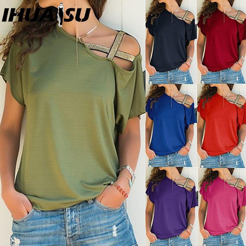 IHUASU Blusas y camisas de manga corta con estampado de color sólido informal a la moda para mujer