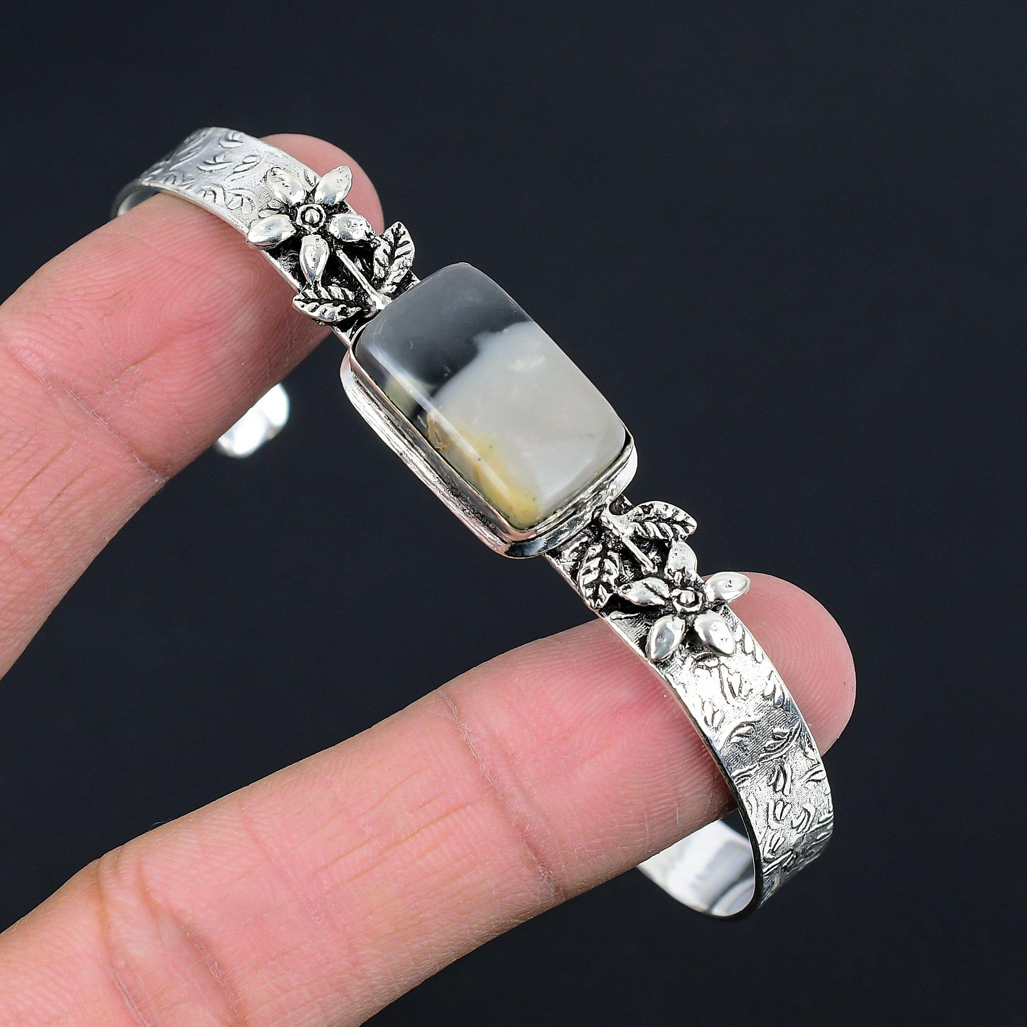 

Sisters Day Sale Sterling Silver Fume Agate Gemstone Flower Handcrafted Bangle Adjustable