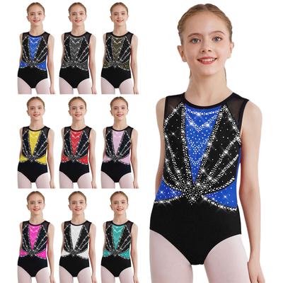 Kids Girls Crisscross Back Leotard Sleeveless Round Neck Shiny Rhinestones Metallic Dance Costume