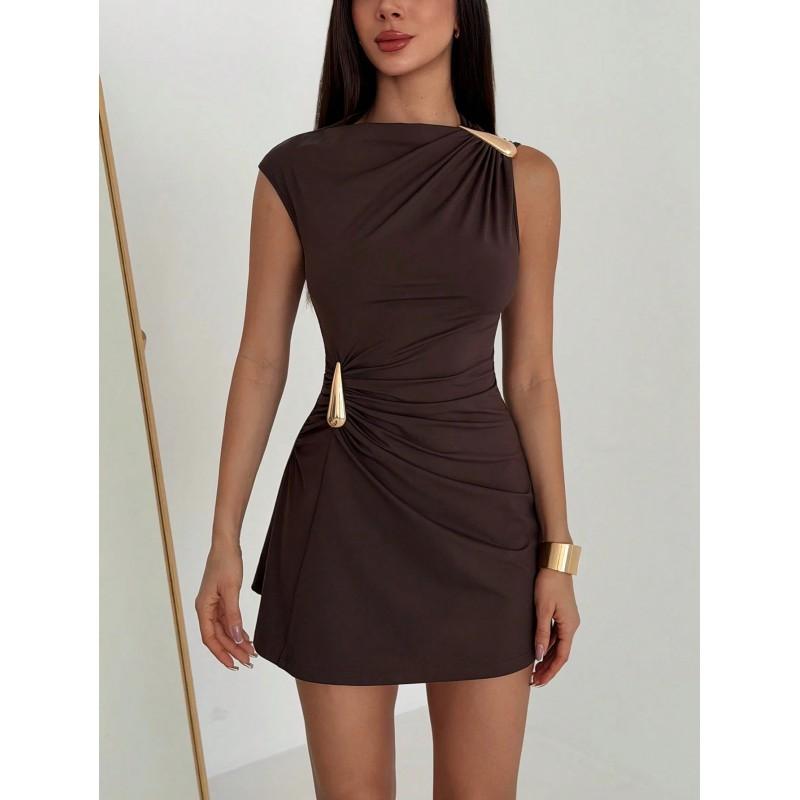 2026 Womens Elegant Metal Buckle Pleated Slim Fit Bodycon Midi Dress
