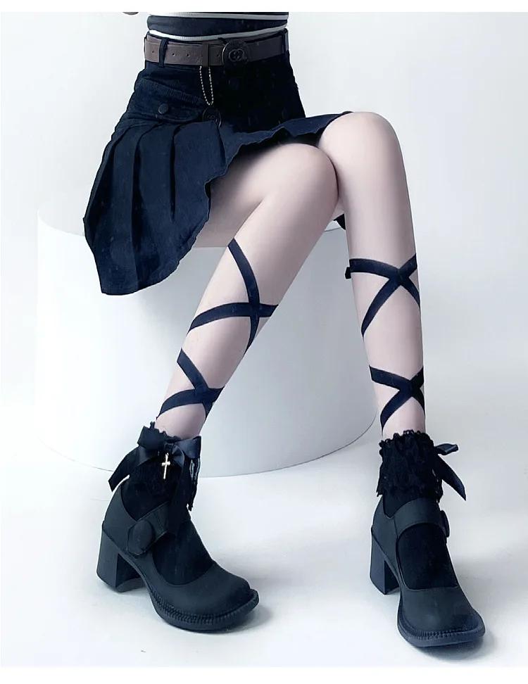 

Крестовые JK кружевные носки с ремешками для лета Популярные чулки с ремешками Косплей Лолита носки Летние носки для JK девушек One Size чёрный