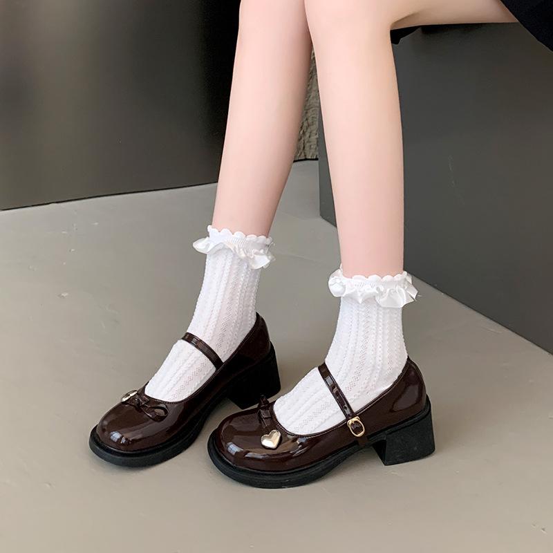 Retro thick heel Mary Jane shoes women's 2025 new bow jk single shoes black one-word buckle belt small leather shoes