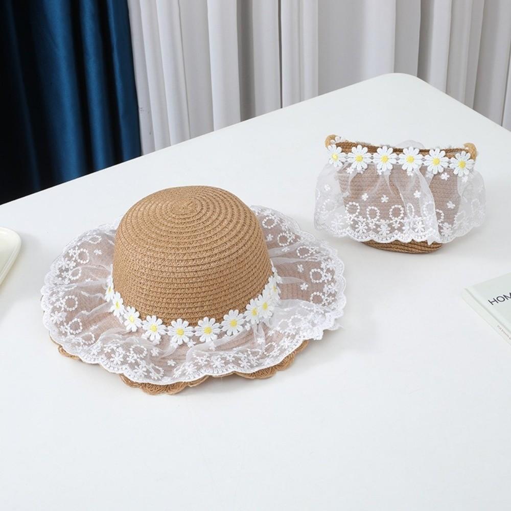 Wide Brim Straw Bag Cap Set Lace Sun Hat Sweet Fisherman Hat for 2-8 Years Kids