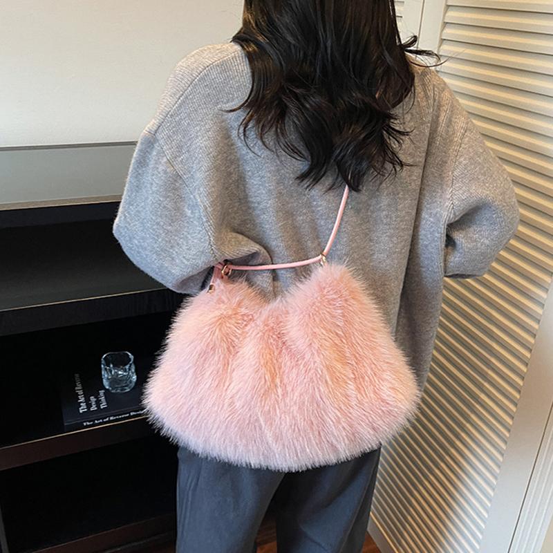 Women's Large Capacity Shoulder Bag Solid Color Plush Imitation Fur Handbag For Autumn And Winter Fashion