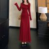 Huge good-looking autumn and winter cold rich daughter wearing temperament Christmas New Year red dress thin bottom dress