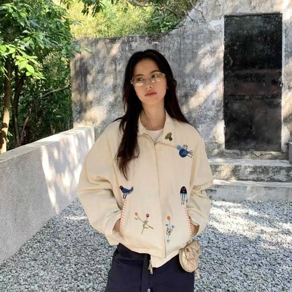Chaqueta Fina Bordada con Flores y Pájaros Vintage para Mujer, Informal, Holgada, Versátil, con Cremallera, Ropa de Abrigo Diaria