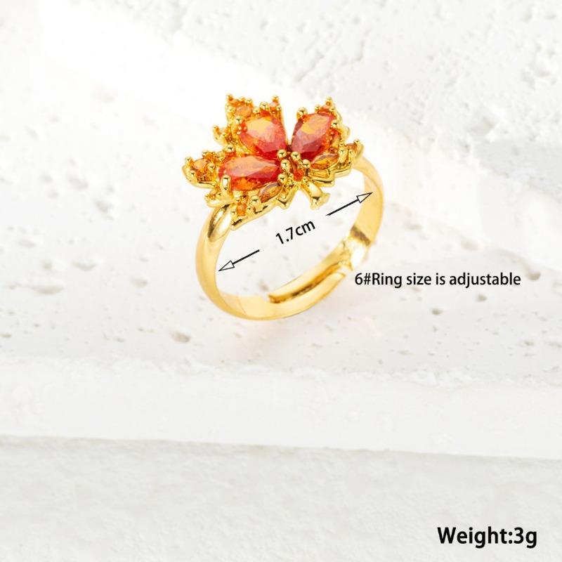 Korean Trend Red Zircon Maple Leaf Opening Adjustable Rings for Women Fashion Gold Color Statement Ring Jewelry Party Accessories