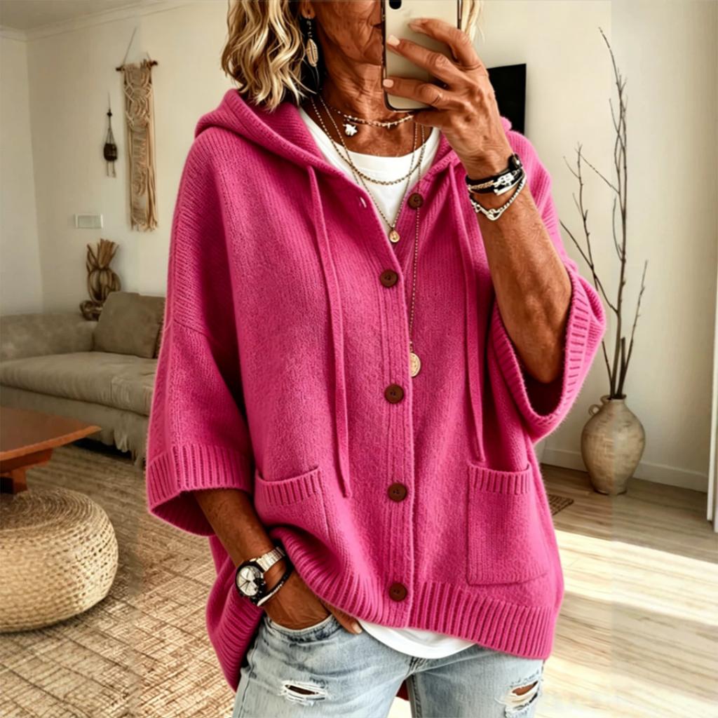 Damen Strickjacke mit Kapuze, Knopfleiste und langen Ärmeln – Farbe Lässig Herbst Winter Oberbekleidung