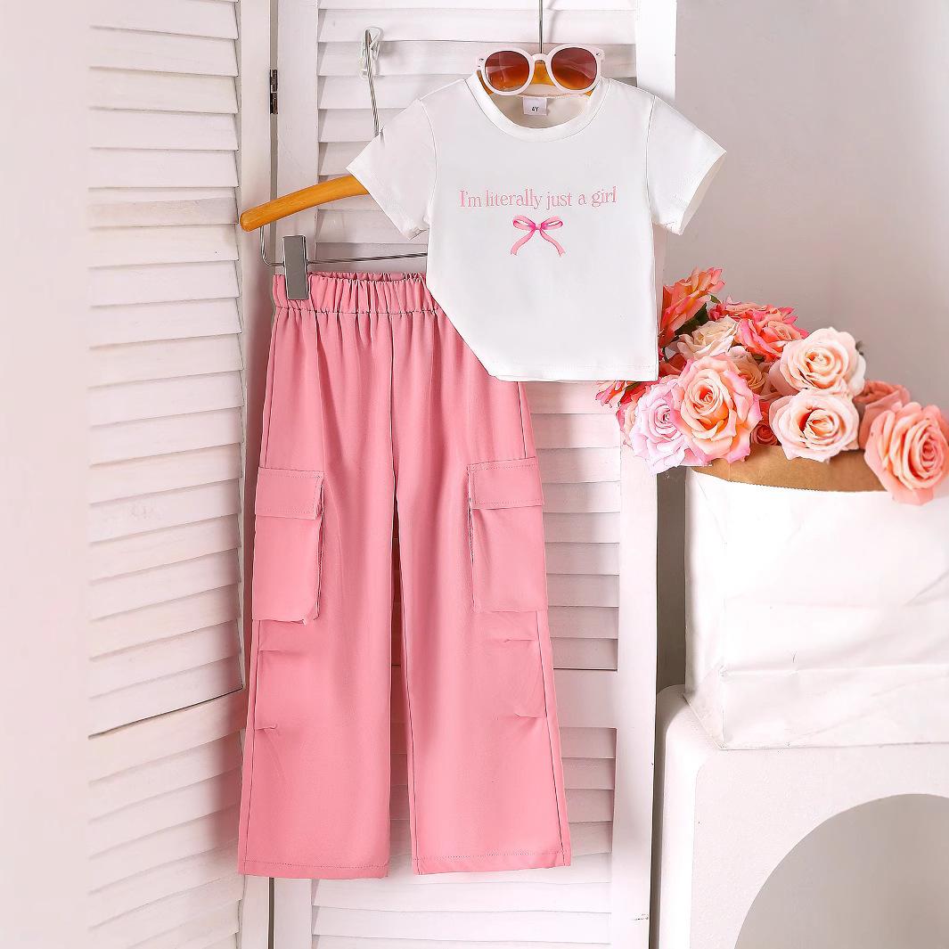 

Костюм для отдыха для девочек, летняя детская мода, однотонная рубашка с круглым вырезом и короткими рукавами, свободные прямые повседневные брюки, комплект из двух предметов 7Y белый