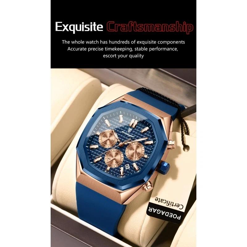 POEDAGAR Functional Watch for Men Date Chronograph Luminous Waterproof Silicone Classic Male Watch Quartz Original Watches