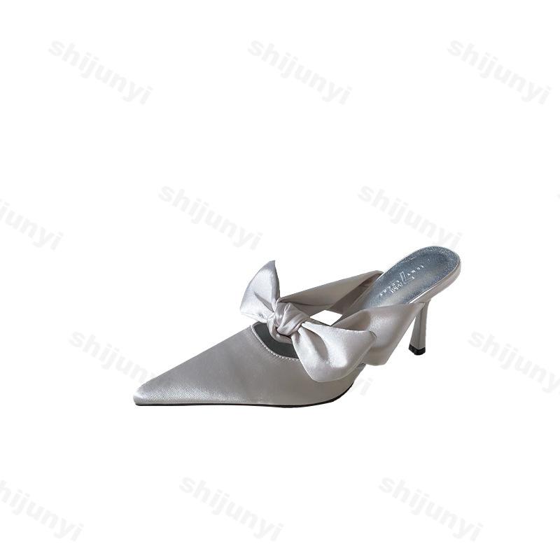 Fashion 2025 Spring New Women's Pointed Thin Heel High Heels Elegant Fashion Bow Designed Half Dragged Comfortable Casual Daily Sandals