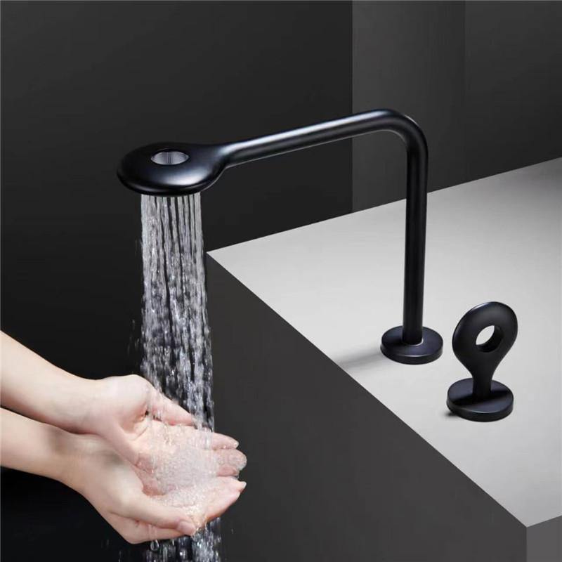 Gebürstete Gold Waschtischarmatur Vollmessing Schwarz Badezimmerarmatur Graue Spültischarmaturen 3-Loch Heiß und Kalt Wasserfallarmatur Wasserhahn