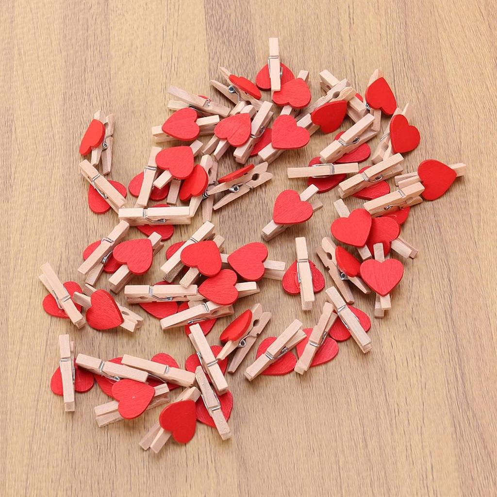 Kisangel 50pcs Mini Heart- Shaped Wooden Clips DIY Craft Clips Photo Paper Pegs for Photos Cards Paintings Scrapbookings Wedding Valentines Day Decor