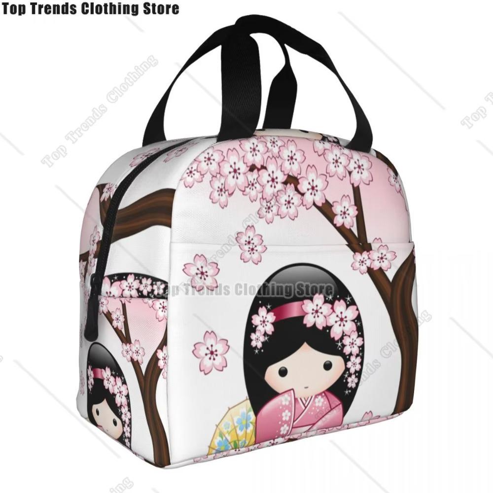 Japanese Spring Kokeshi Doll Insulated Lunch Bags Cute Girly Sakura Cherry Blossom Resuable Thermal Cooler Bento Box