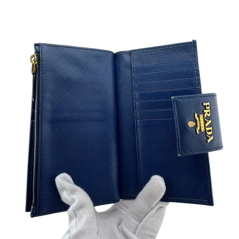 PRADA 1ML005 flap saffiano leather Bifold Wallet blue leather Women Used