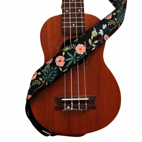 MUSIC FIRST Original Design "Dark Night Garden" Soft Cotton & Genuine Leather Ukulele Strap, Ukulele Shoulder Strap with One Branded Strap Locker