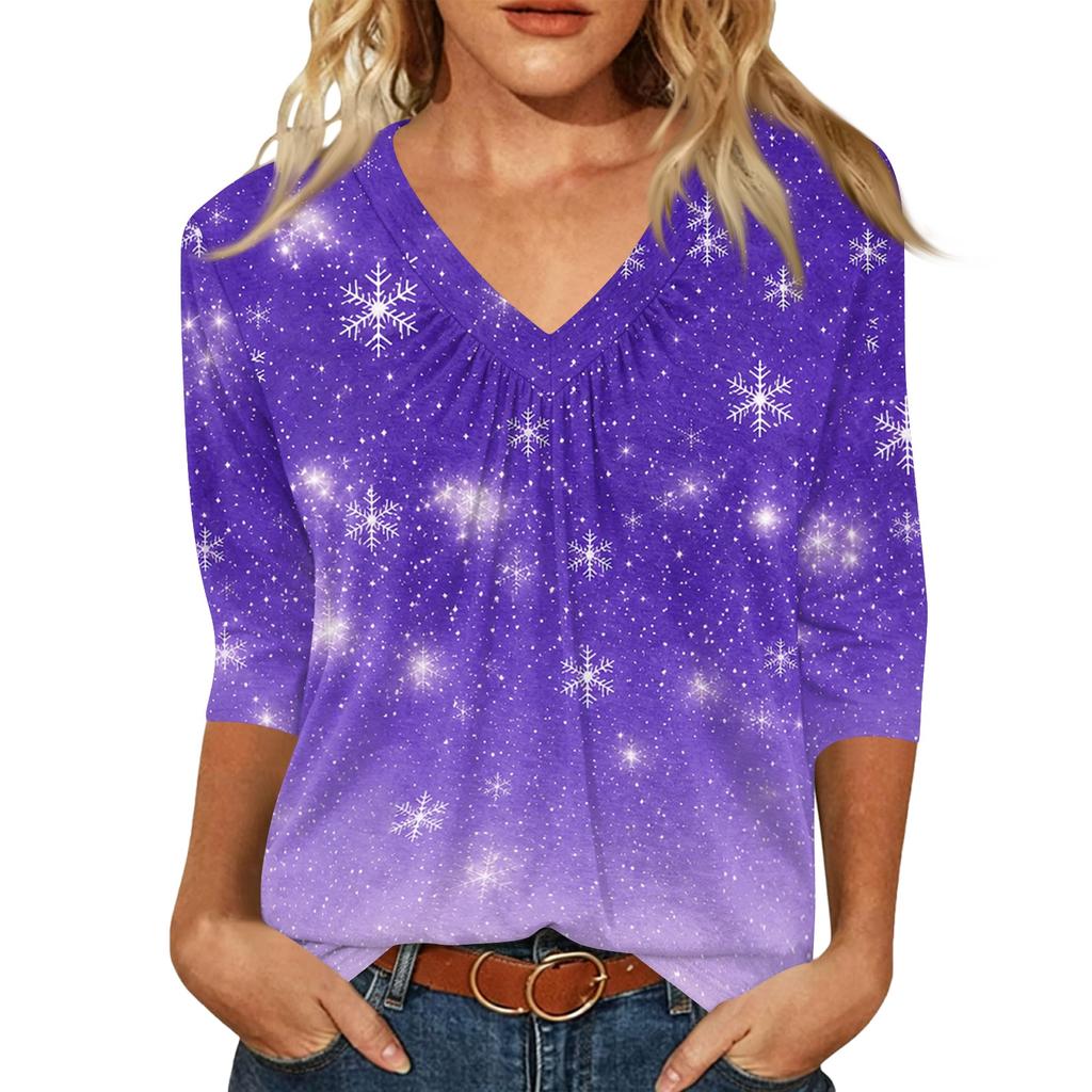 Women's Fashion Casual V-Neck Christmas Print 3/4 Sleeve Top for Holiday Party Wear