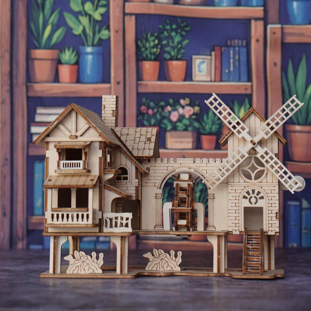 3D wooden puzzle windmill house model kit, wooden DIY building model puzzle block toy, suitable for gift decoration for family