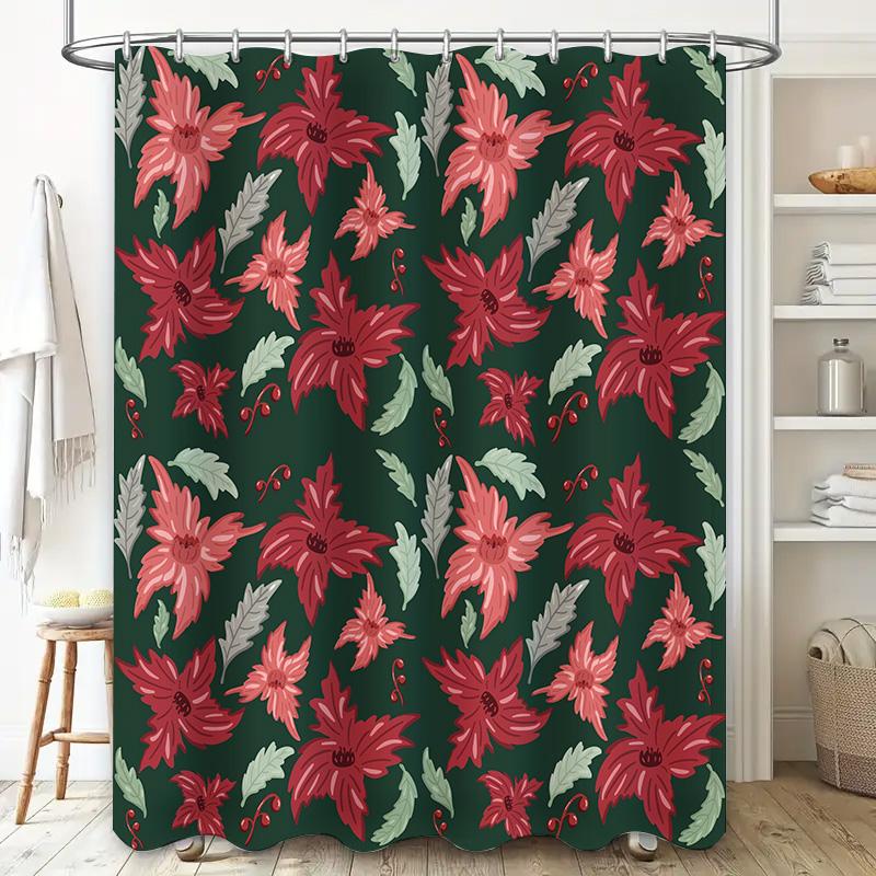 Green Christmas Shower Curtain with Red Poinsettia Floral Pattern, Polyester Fabric, Waterproof Home Decor Item for Bathtub Size