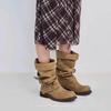 Women's Oxhide Distressed Slouchy Boots Double Buckle Strap Mid Calf Vintage Style Chunky Heel Edgy Fashion Ladies Ankle Boots