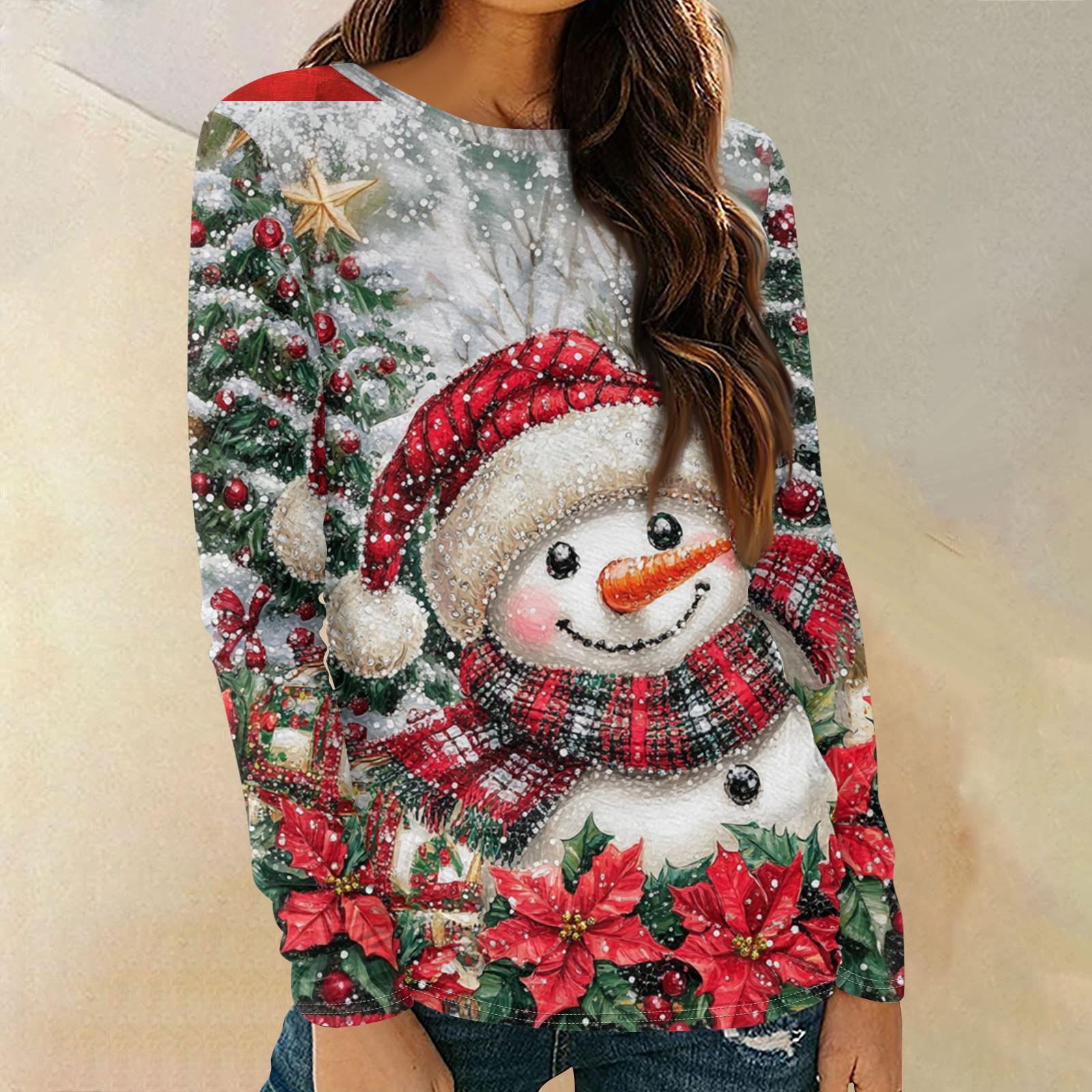 

Жіночі сорочки з довгим рукавом і круглим вирізом Футболки, повсякденні футболки, туніки з різдвяним принтом, вільні футболки L Кіновар