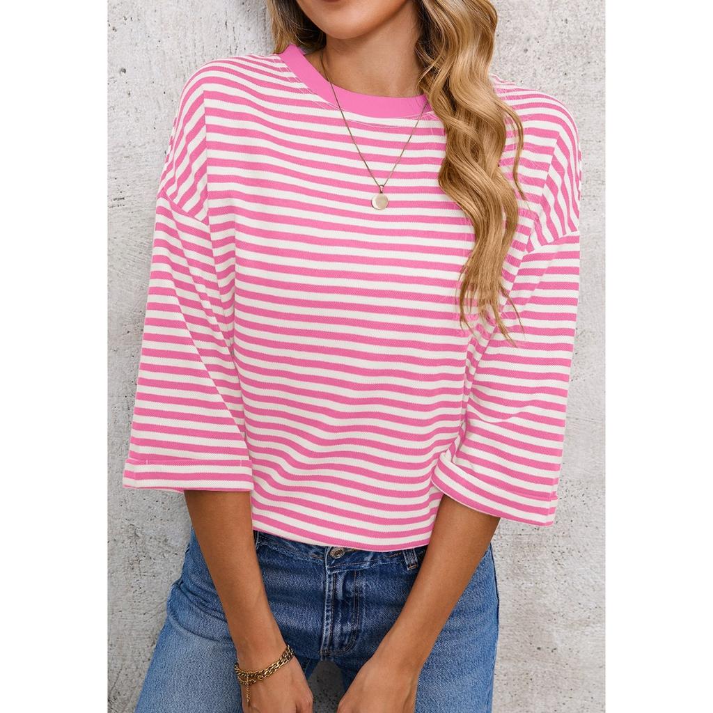 Neues gestreiftes Rundhals-Strickoberteil für Damen mit Schleife am Rücken für die Freizeit