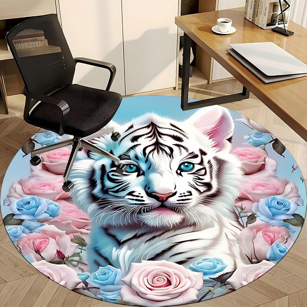 1pc White Tiger Roses Chair Carpet for Office, Non slip, Soft and Durable Office Rug for Interior Decoration