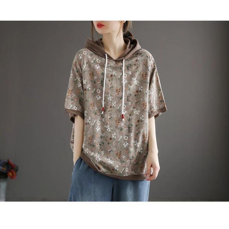 Literary Retro Hooded Short-sleeved T-shirt Ladies Thin Section Wild Floral Loose Pullover Summer