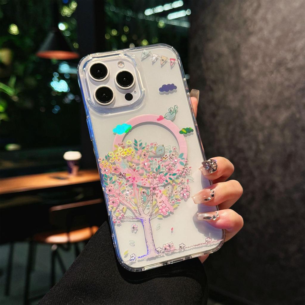 For IPhone 17 ProMax Laser Color Change N52 Magnetic Phone Case for Apple 16 Transparent Cherry Blossom Protective Cover