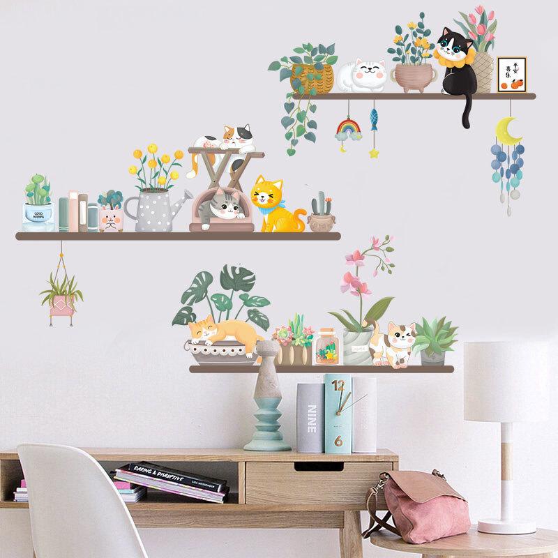 Cat Plant Frame Wall Sticker Background Sticker Decorative Self-adhesive Paper Green Plant Wall Sticker Wall Sticker
