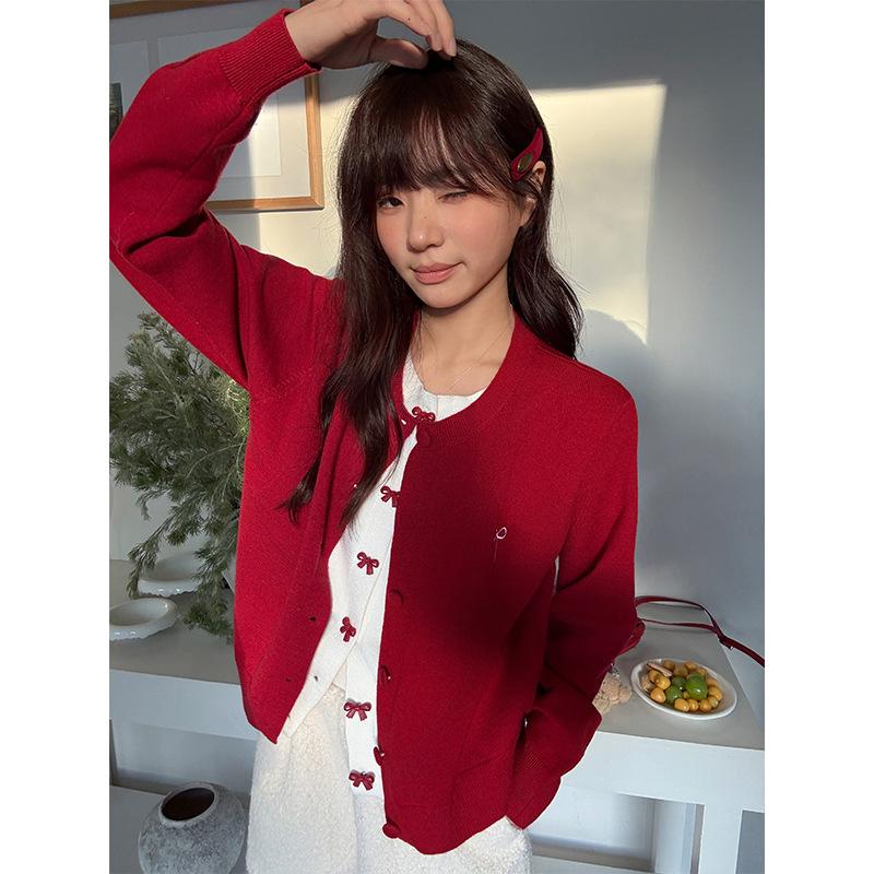 Christmas red outfit fake two-piece bow long-sleeved bottoming knitted cardigan for women in autumn and winter with round neck slim fit top