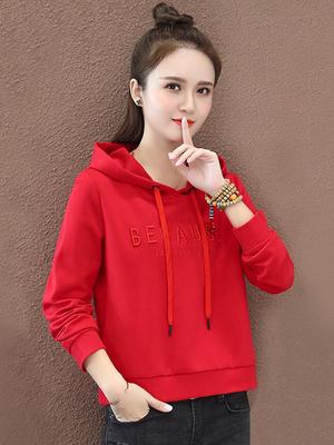 Women's Red Hooded Sweatshirt with Embroidered Letters - Korean Style Casual Petite Short Top for Spring and Autumn