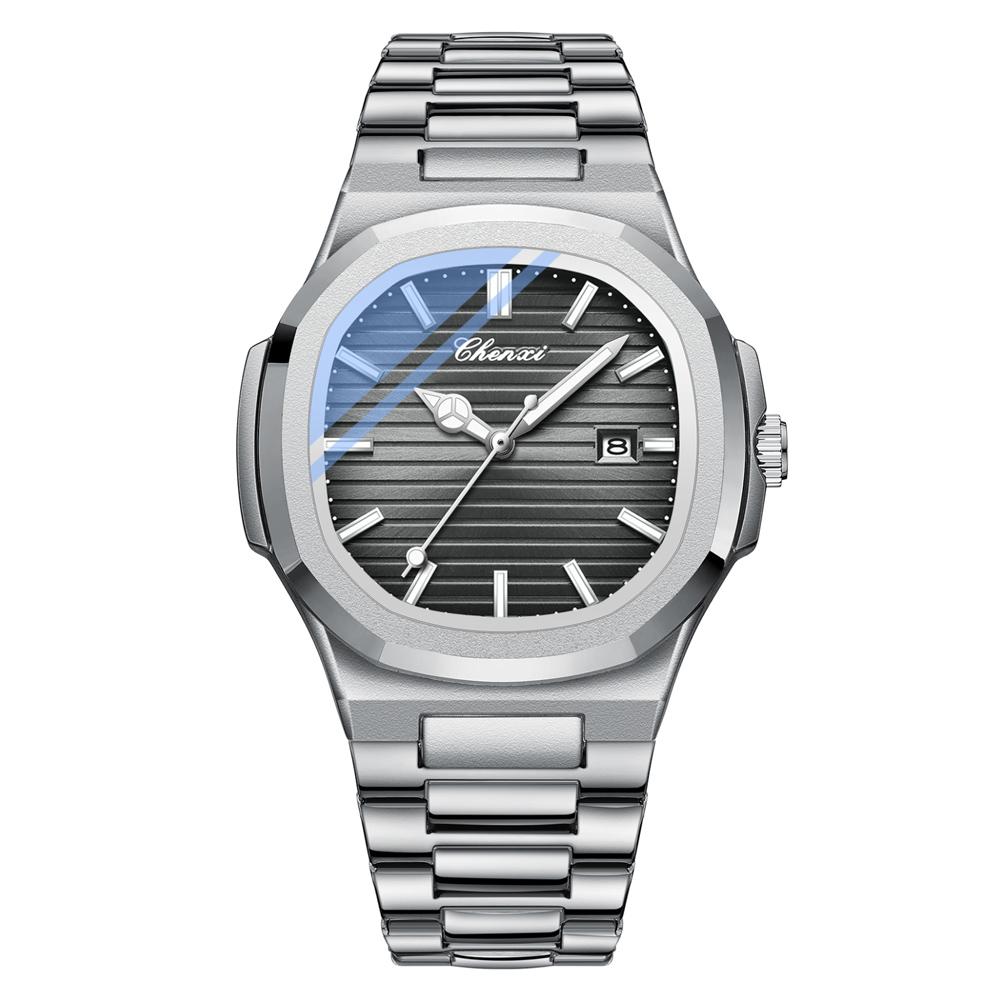 CHENXI Solid Stainless Steel Strap Quartz Watch Men Octagonal Alloy Case Striped Dial Business Men's Wristwatches with Calendar