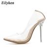 Clear PVC Transparent Womens Pumps Stripper Perspex Stilettos High Heels Point Toes Party Nightclub Silver Shoes