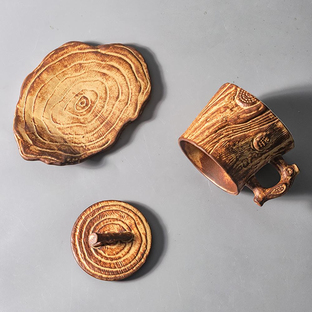 Original Wood Texture Ceramic Coffee Mug with Handle and Lid, Breakfast Cup, Creative Mugs, Personalized Gifts for Friends