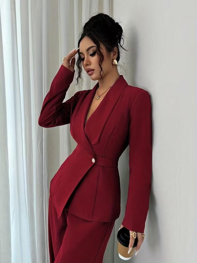 Spring and Autumn Fashion Temperament Casual Suit Women's Solid Color V-Neck Suit Wide Leg Pants Two-piece Set