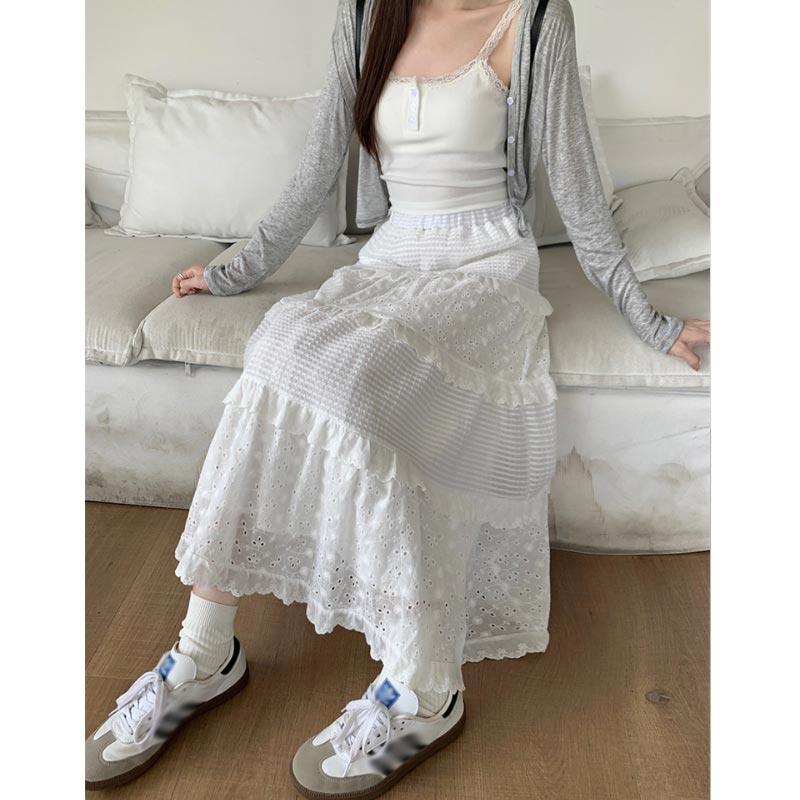 Lace White Long Skirt for Women Spring Summer High Waist A-Line Skirt Sweet A Line Cake Midi Skirts Y2k Female Clothing