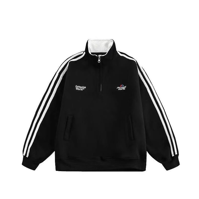 Men's Striped Heavyweight Half-Zip Hoodie, Loose Fit with Letter Embroidery and Stand-Up Collar - Versatile Autumn/Winter Sportswear Jacket