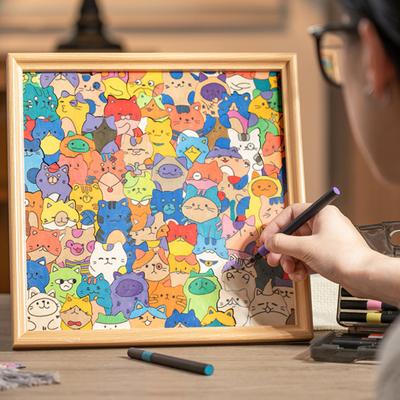 Cartoon Cat Wooden Coloring Puzzle Kit with Photo Frame Marker Pens DIY Hand-Painted Irregular Jigsaw