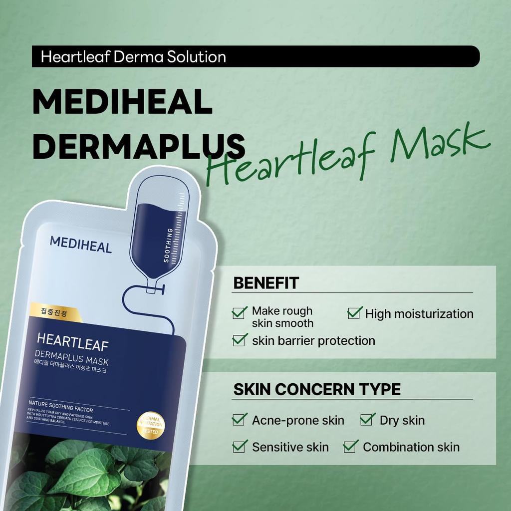 MediHeal Heartleaf Dermaplus Mask 10ea + RANDOM GIFT