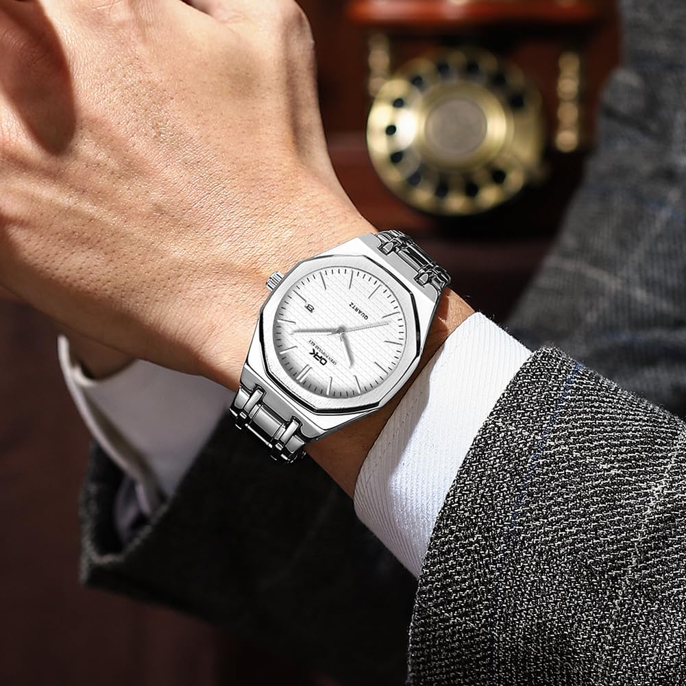Men's Quartz Business Watch with Luminous Hands, Calendar, DayDate Display, Round Octagonal Bezel, 40mm Diameter, Stainless Steel, Made In Japan