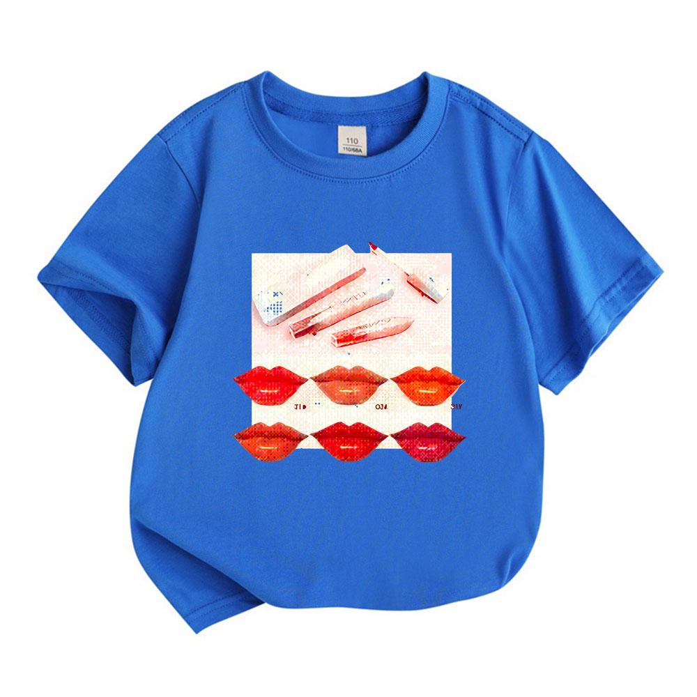 Kids Boys Girls 100% Cotton Crew Neck Short Sleeve T-shirt, Fashion Lipstick Print Casual Soft Breathable Summer Tee Tops for Children Daily Wear