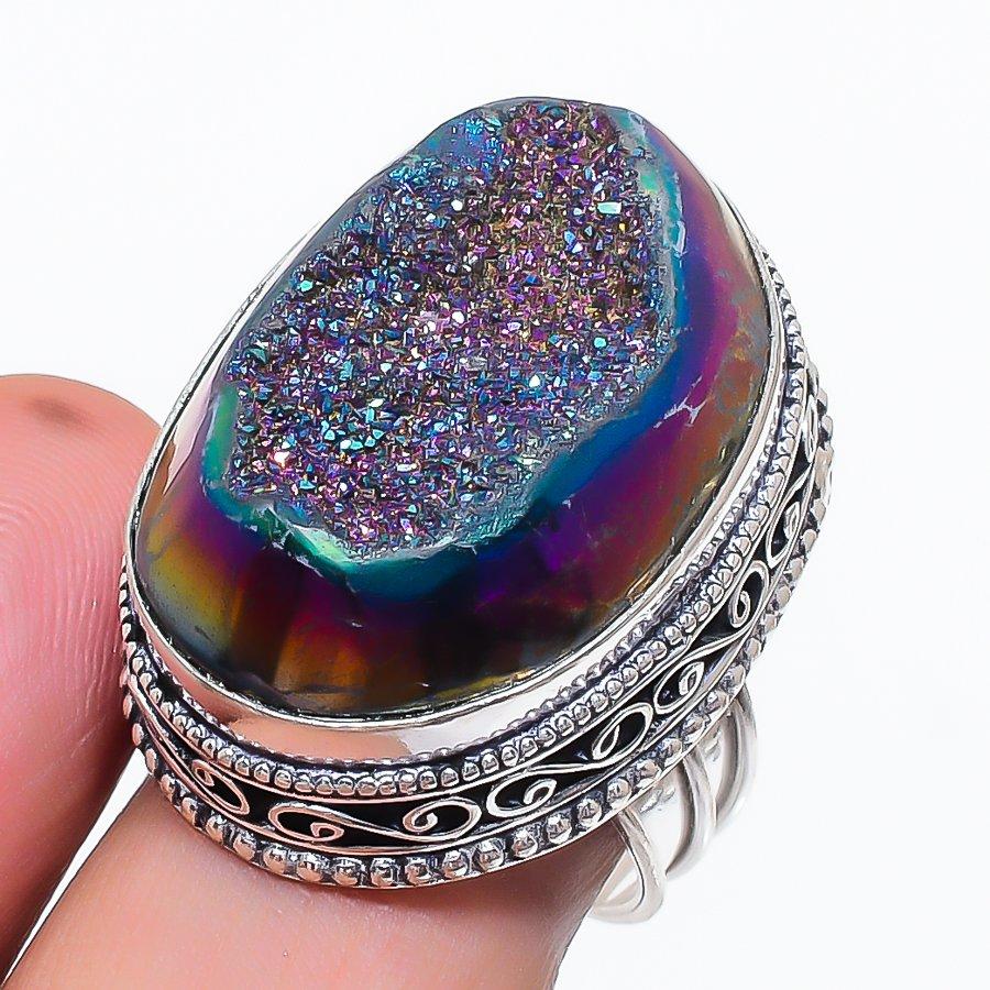 Natural Titanium Druzy Gemstone 925 Sterling Silver Jewelry Ring Size 9 L4e35