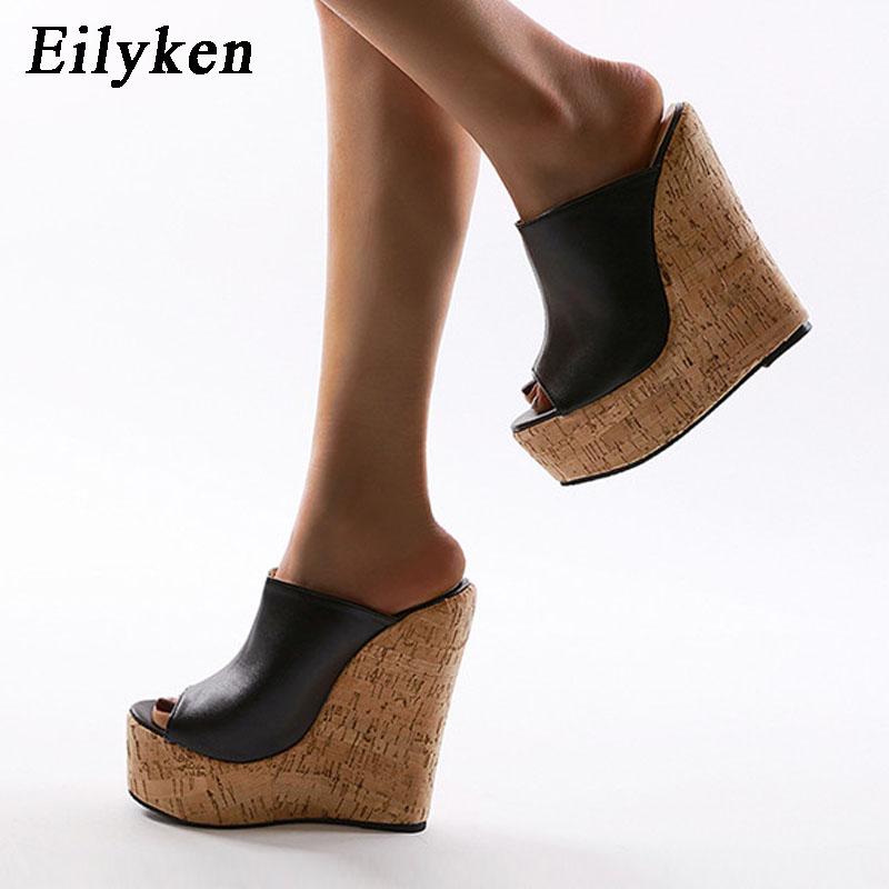 Fashion Eilyken Fashion Peep Toe Platform Wedges Women Slippers High Quality PU Leather Sandals 2025 New Summer Solid Heels Ladies Shoes