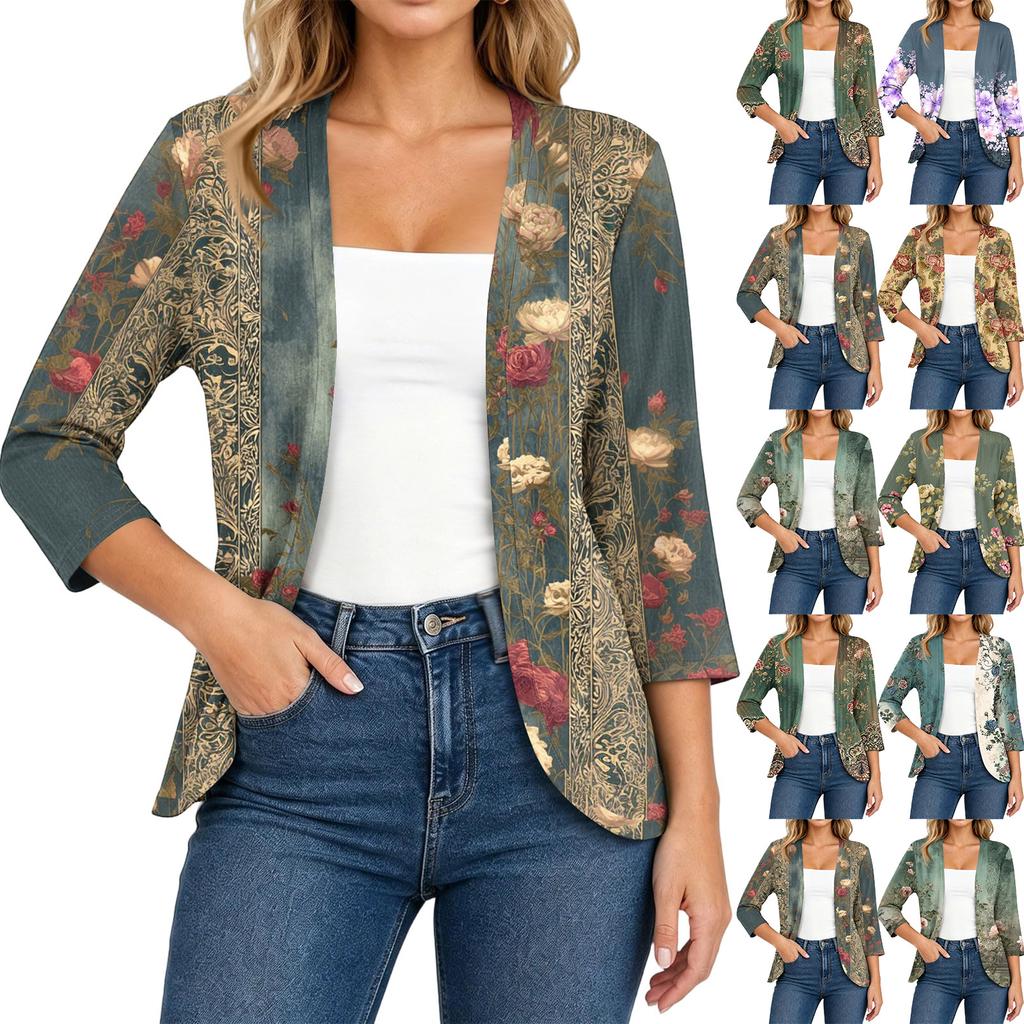 Women's Vintage Floral Print Three-Quarter Sleeve Loose Fit Lightweight Cardigan