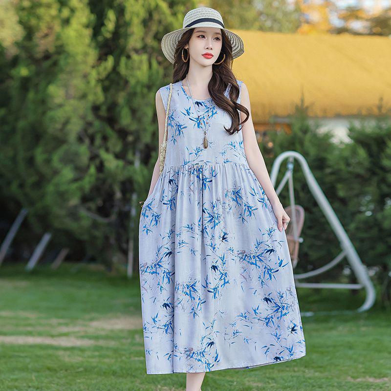 Elegant Plus Size Floral Cotton-Silk Sleeveless Summer Dress